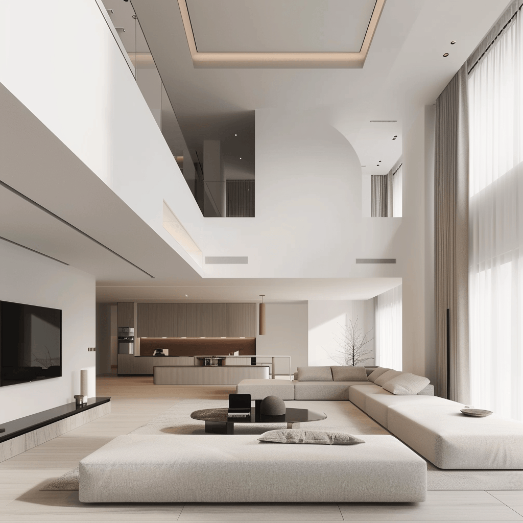 Minimalist design principles are employed in this living room to create an expansive and uncluttered space, perfect for relaxation and entertaining