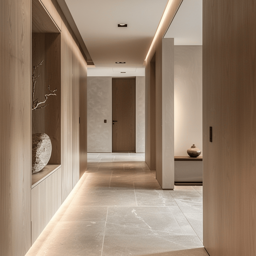 Minimalist hallway showcasing a neutral color palette, simple lighting, clean flooring, uncluttered walls, and streamlined storage