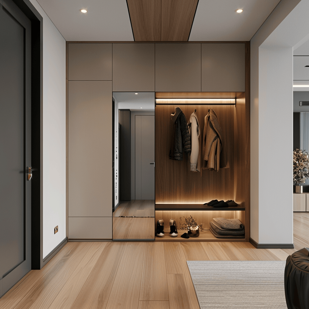 Minimalist hallway showcasing intelligent storage solutions and a well-planned layout to ensure a functional and organized space