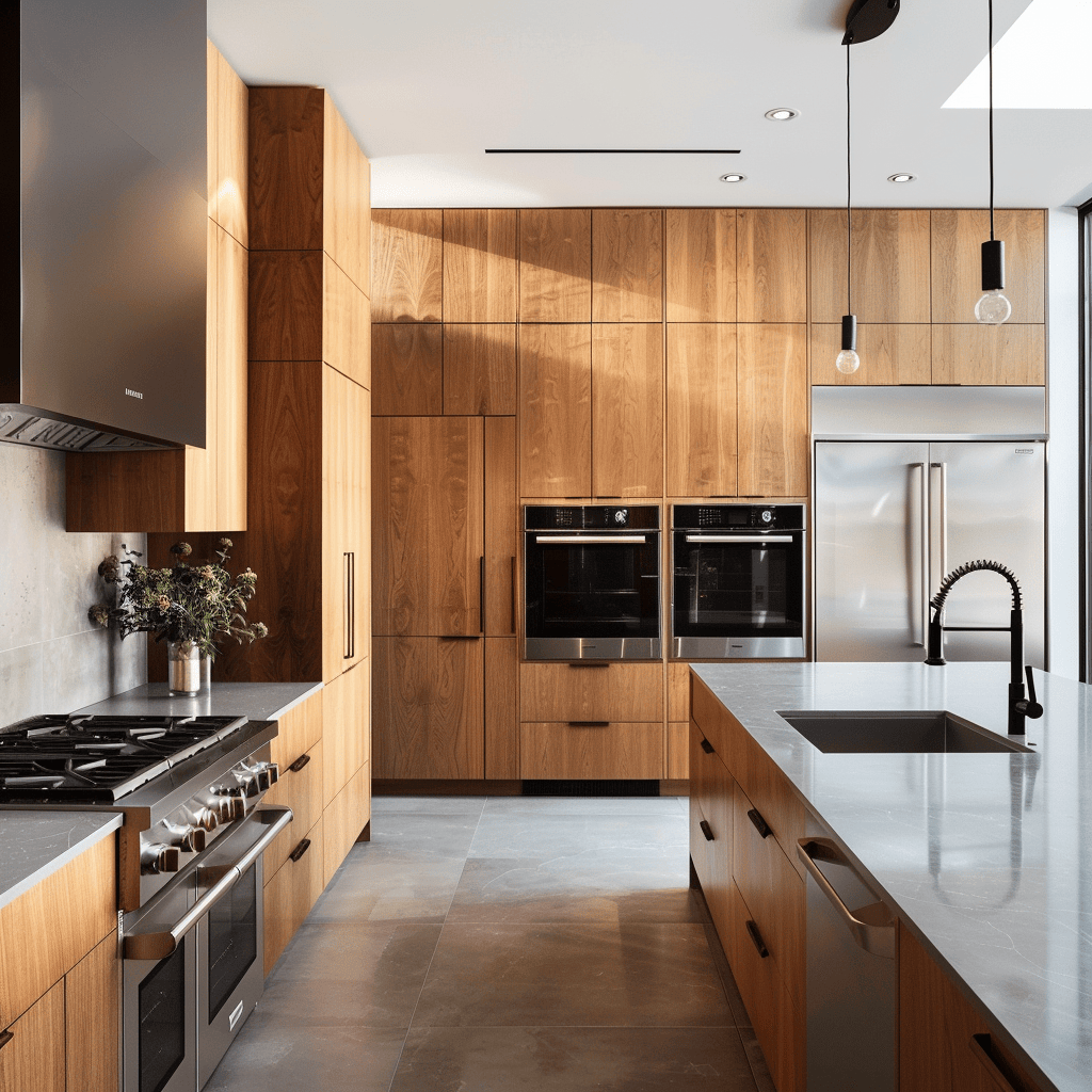 Minimalist mid-century modern kitchen with sleek, streamlined cabinetry, countertops, and appliances creating visual harmony