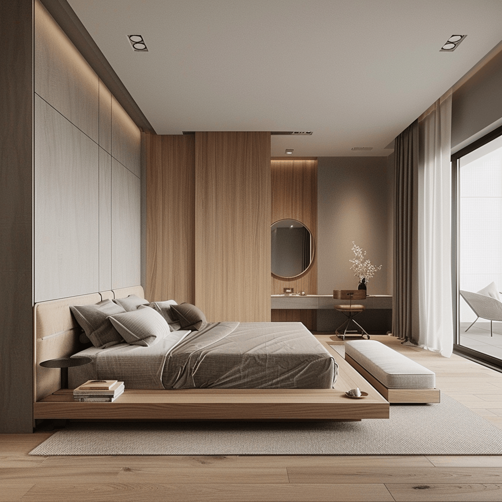 Minimalist modern bedroom featuring a simple clutter-free design and serene atmosphere