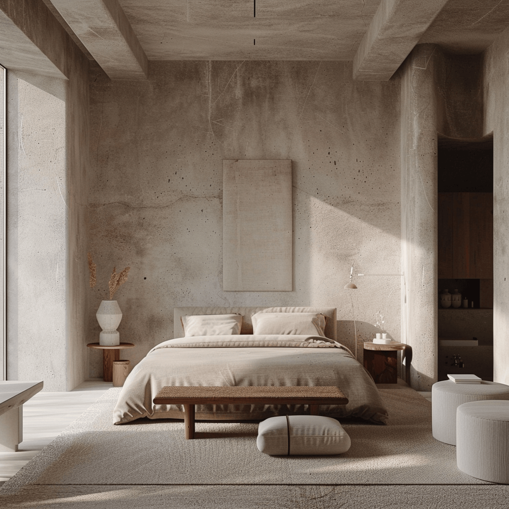 Minimalist modern bedroom showcasing geometric shapes natural textures and a calming neutral palette
