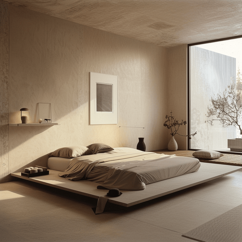 Minimalist modern bedroom with a focus on incorporating a low-profile bed for a spacious and airy feel