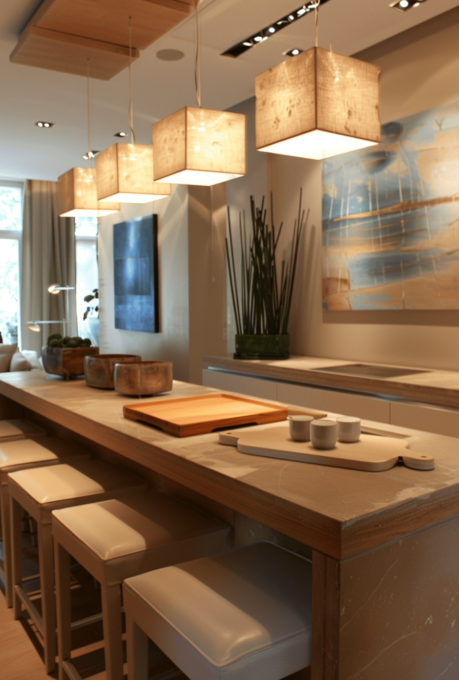 Minimalist window treatments for light and privacy in a Japandi dining area