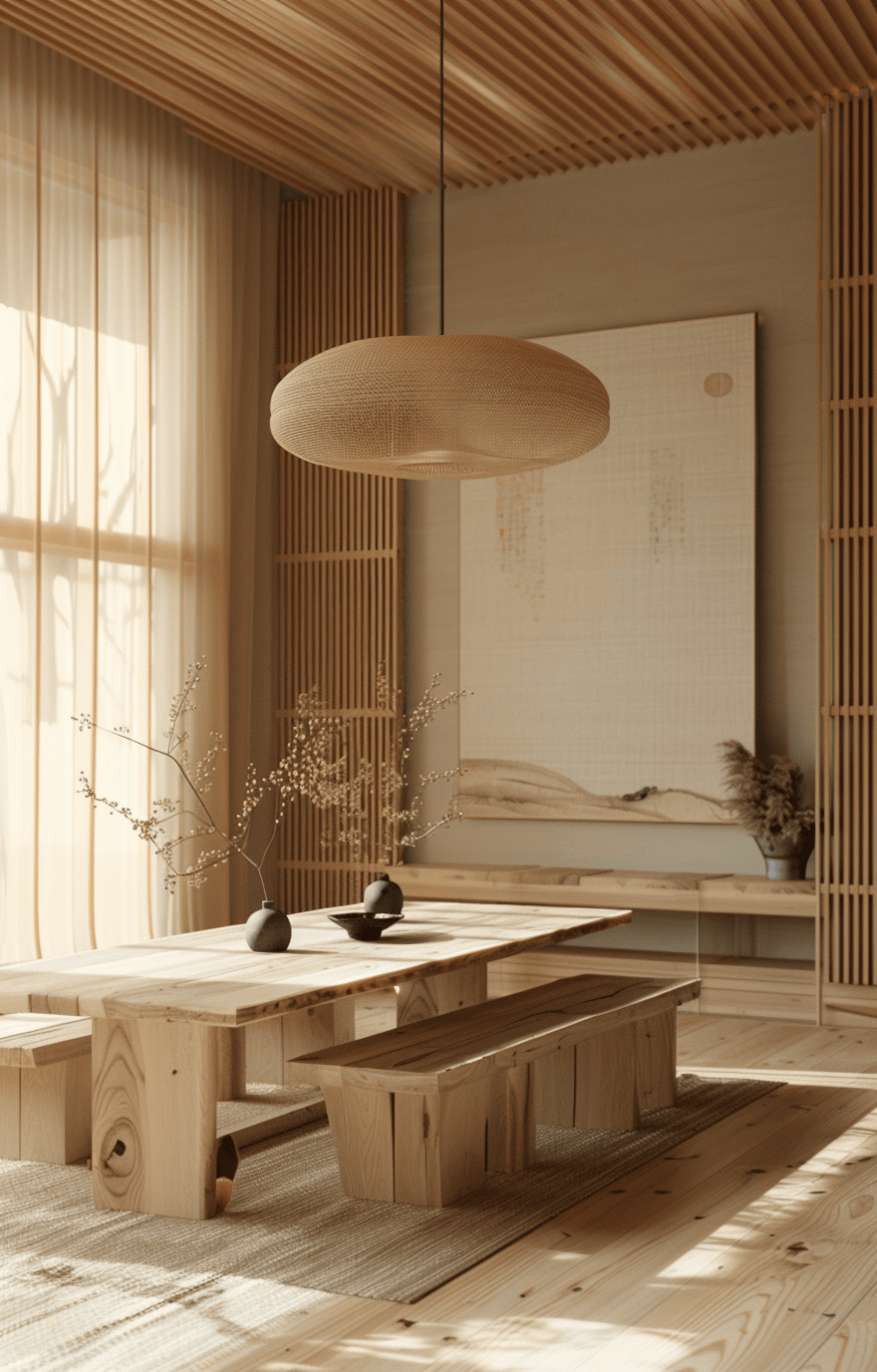 Mixed textures in a Japandi dining room for depth and interest