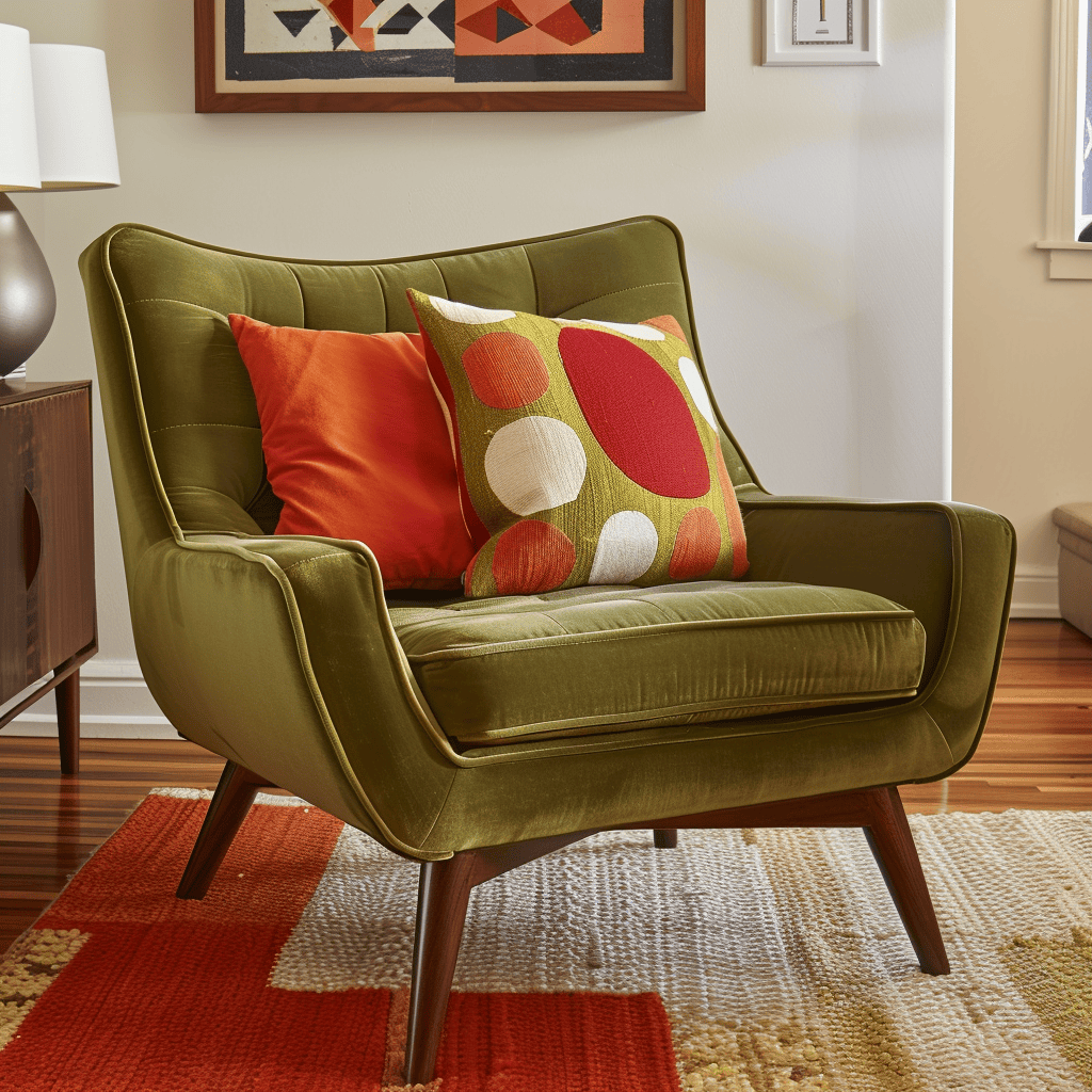 Modern 70s-inspired bedroom with earthy green accent wall and metal accents