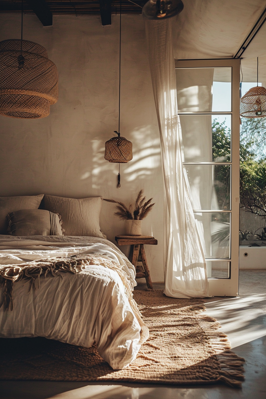 Modern Bohemian bedroom with sleek furniture and geometric patterns