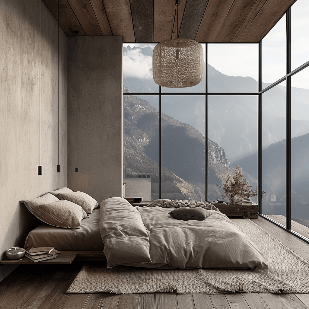 Modern Japandi bedroom with traditional Japanese design elements and a touch of nature