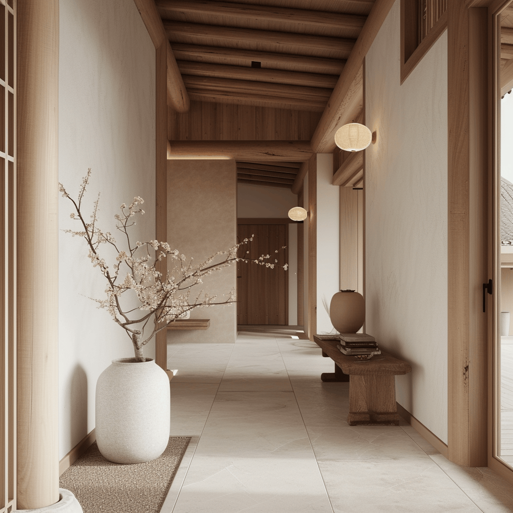Modern Japandi entryway with a statement console table and minimalist decor