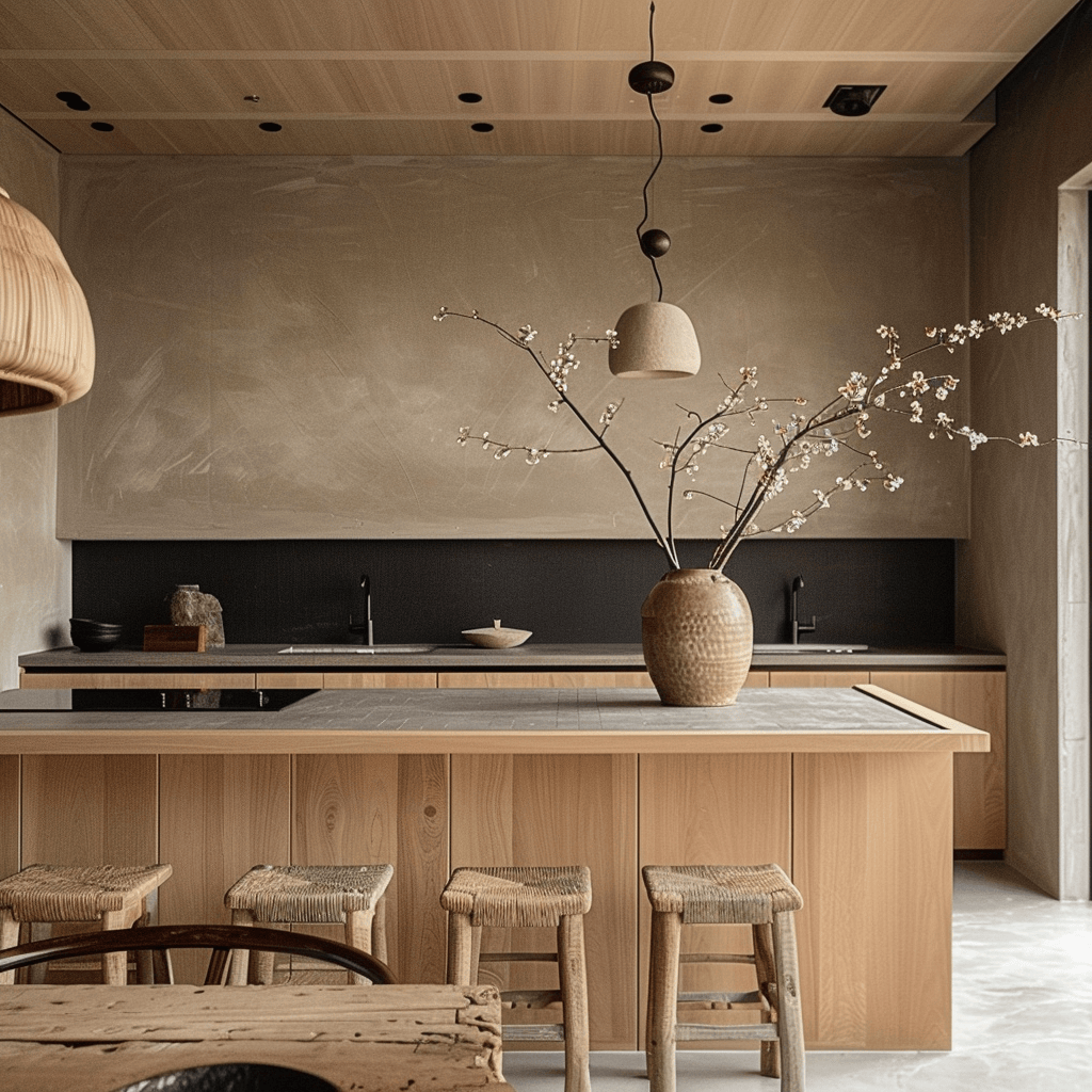 Modern Japandi kitchen appliances integrated seamlessly into wooden cabinetry