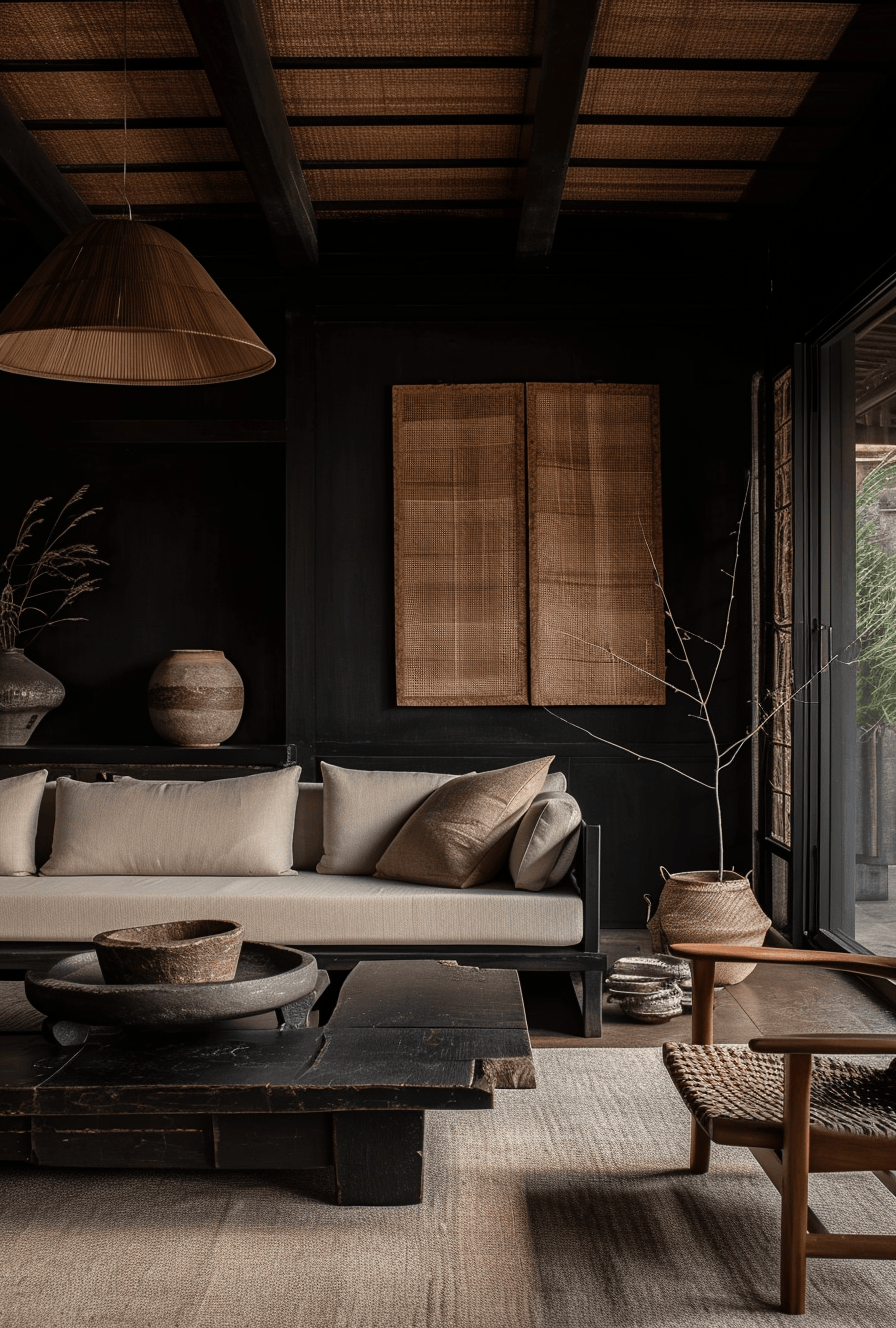 Modern Japandi living room blending functional decor with artisanal beauty