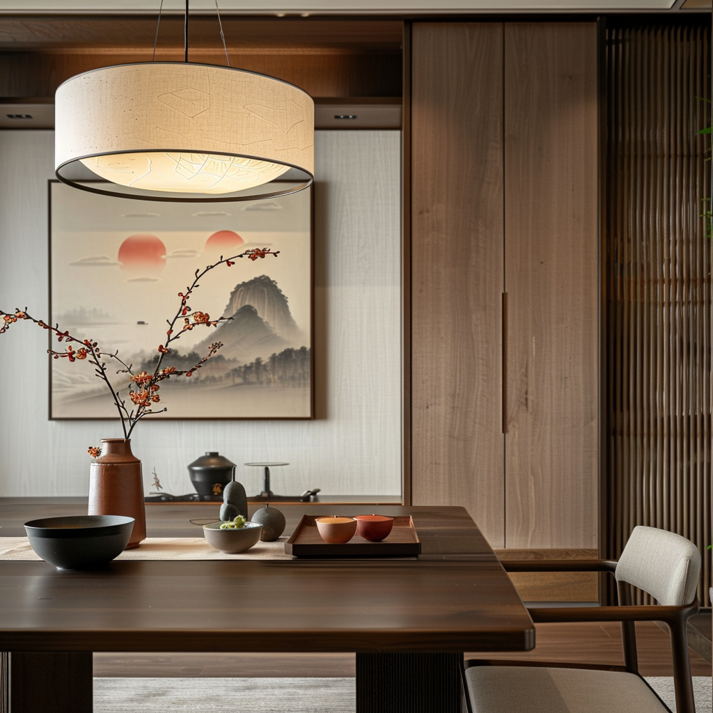 Modern Japanese dining room with nature views through large windows