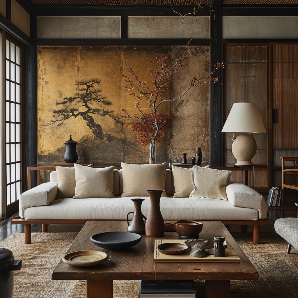 Modern Japanese living room with clean lines and a neutral color palette.