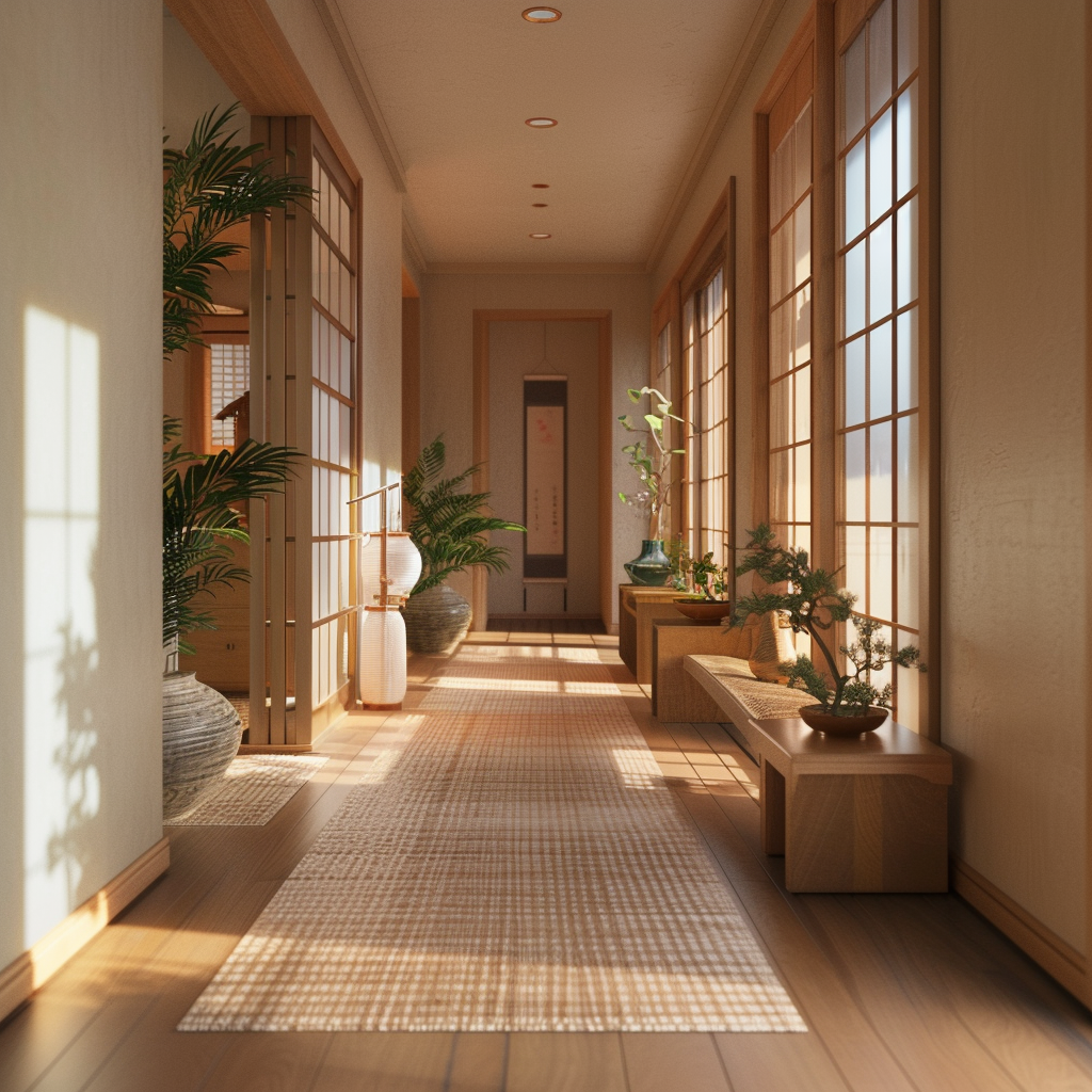 Modern Japanese style hallway with innovative lighting and sleek surfaces