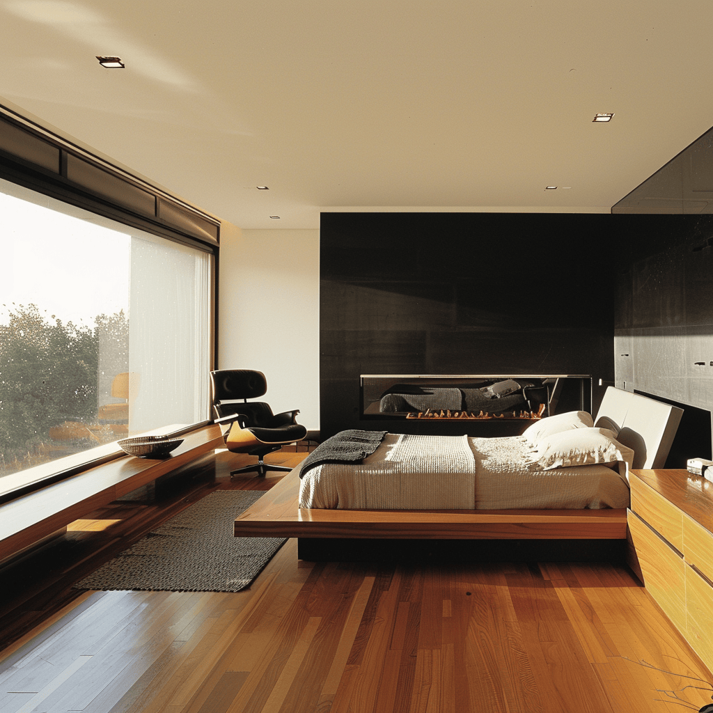 Modern bedroom featuring a sleek platform bed minimalist dresser and comfortable lounge chair