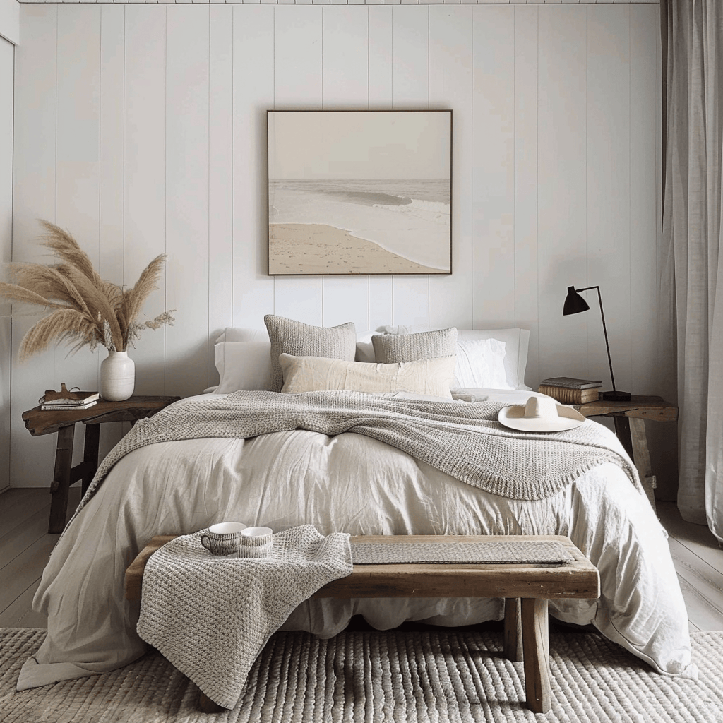 Modern bedroom featuring a soothing palette of white gray and beige for a calm and sophisticated atmosphere