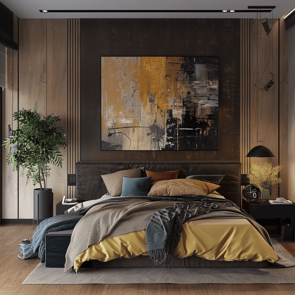 Modern bedroom featuring abstract art luxurious bedding decorative pillows and potted plants