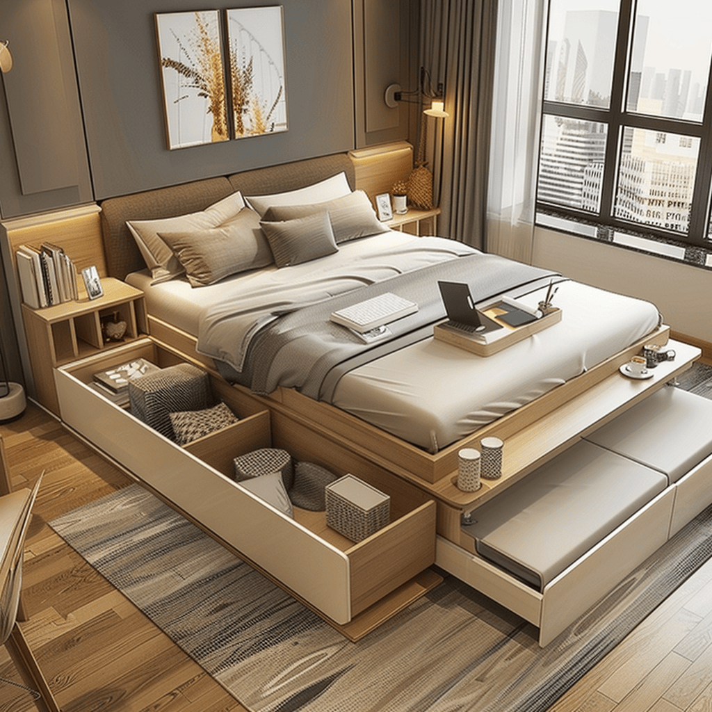 Stylish modern bedroom demonstrating the impact of well-designed multifunctional furniture on creating a flexible and optimized layout