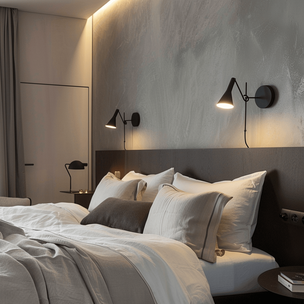 Modern bedroom featuring wall sconces and floor lamps that provide both functional and decorative lighting