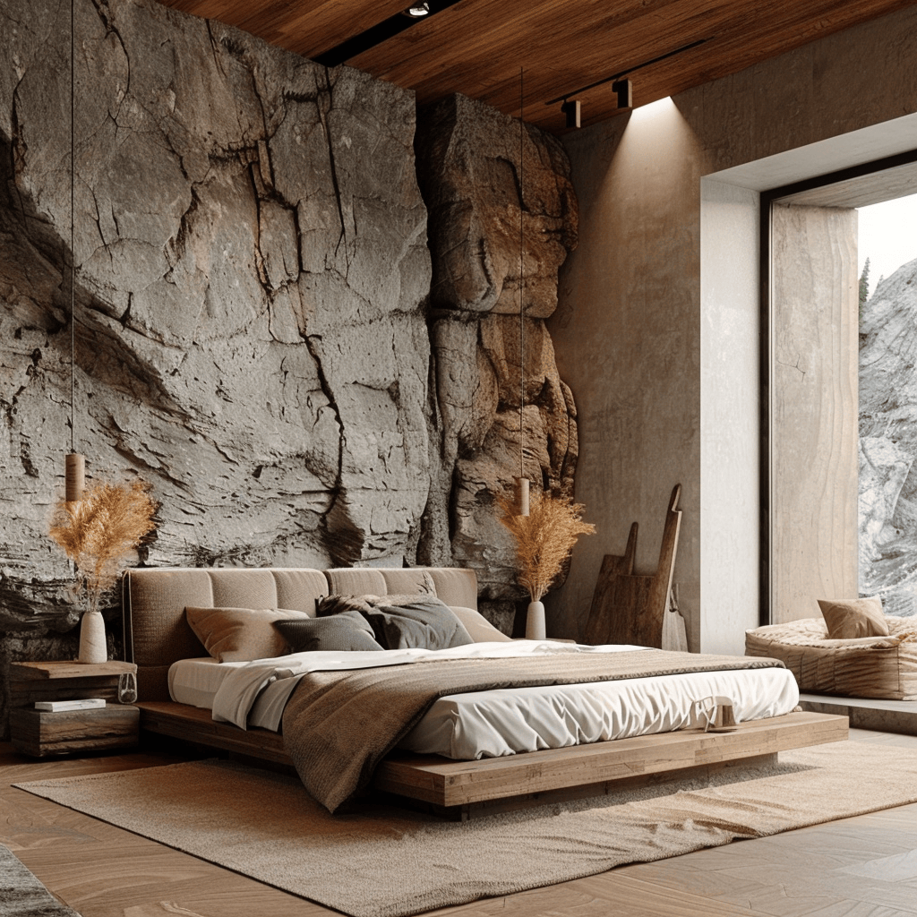 Modern bedroom incorporating natural materials such as wood accents and stone elements for warmth and texture