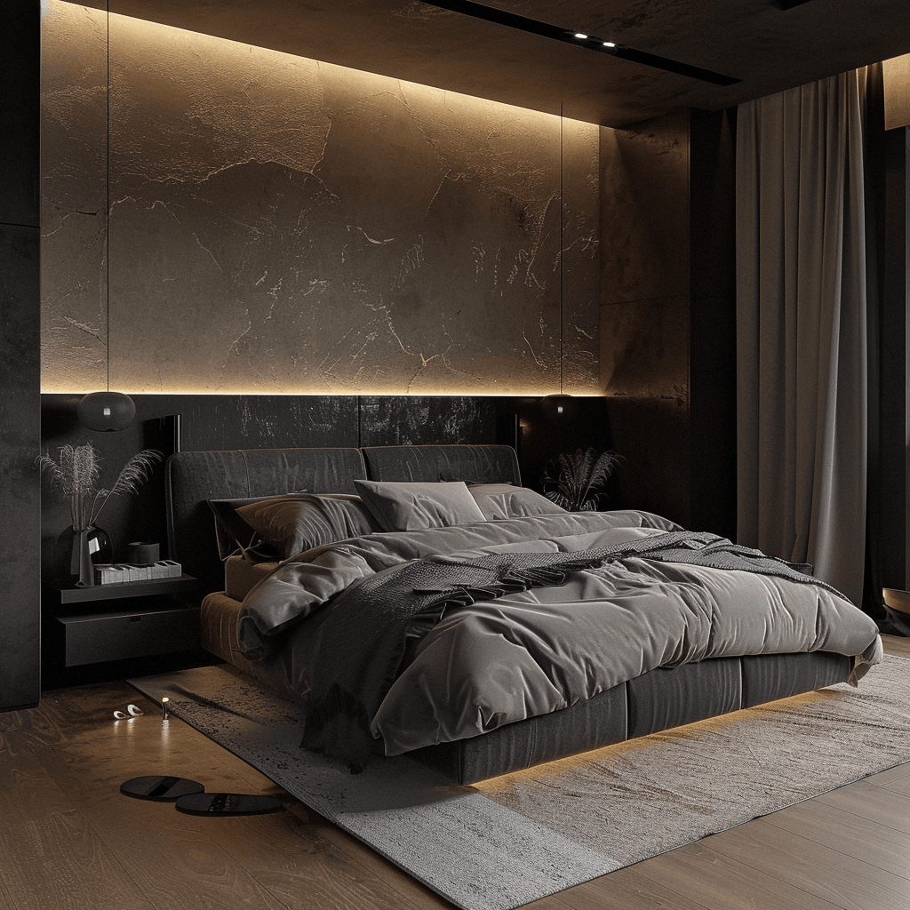 Modern bedroom showcasing a layered lighting design with ambient task and accent lighting for adjustable illumination