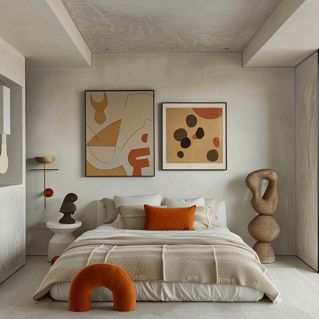 Modern bedroom showcasing abstract prints minimalist sculptures and a curated gallery wall for visual interest