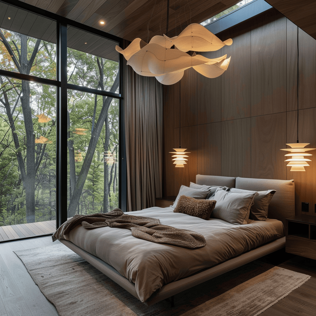 Modern bedroom with large windows layered lighting including pendant lights and minimalist sconces