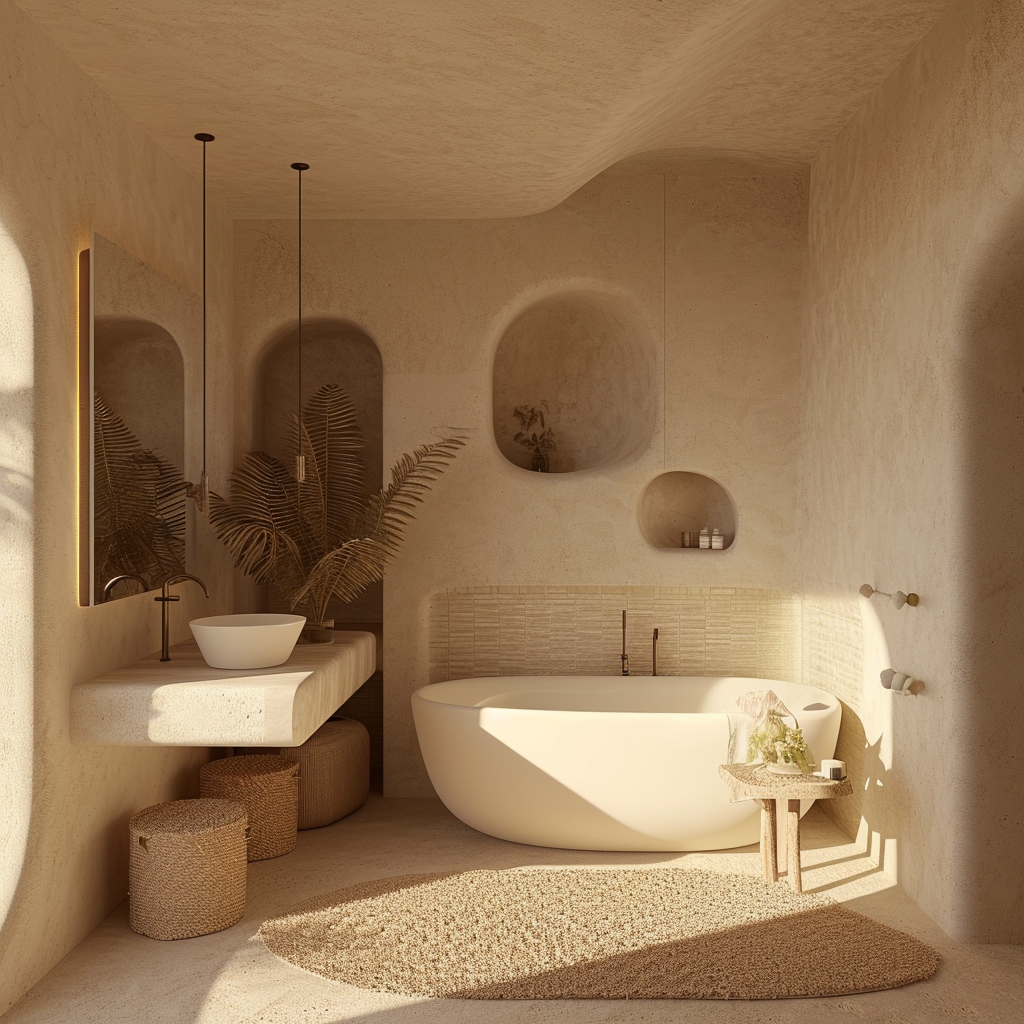 Modern boho bathroom with natural wood vanity and brass fixtures