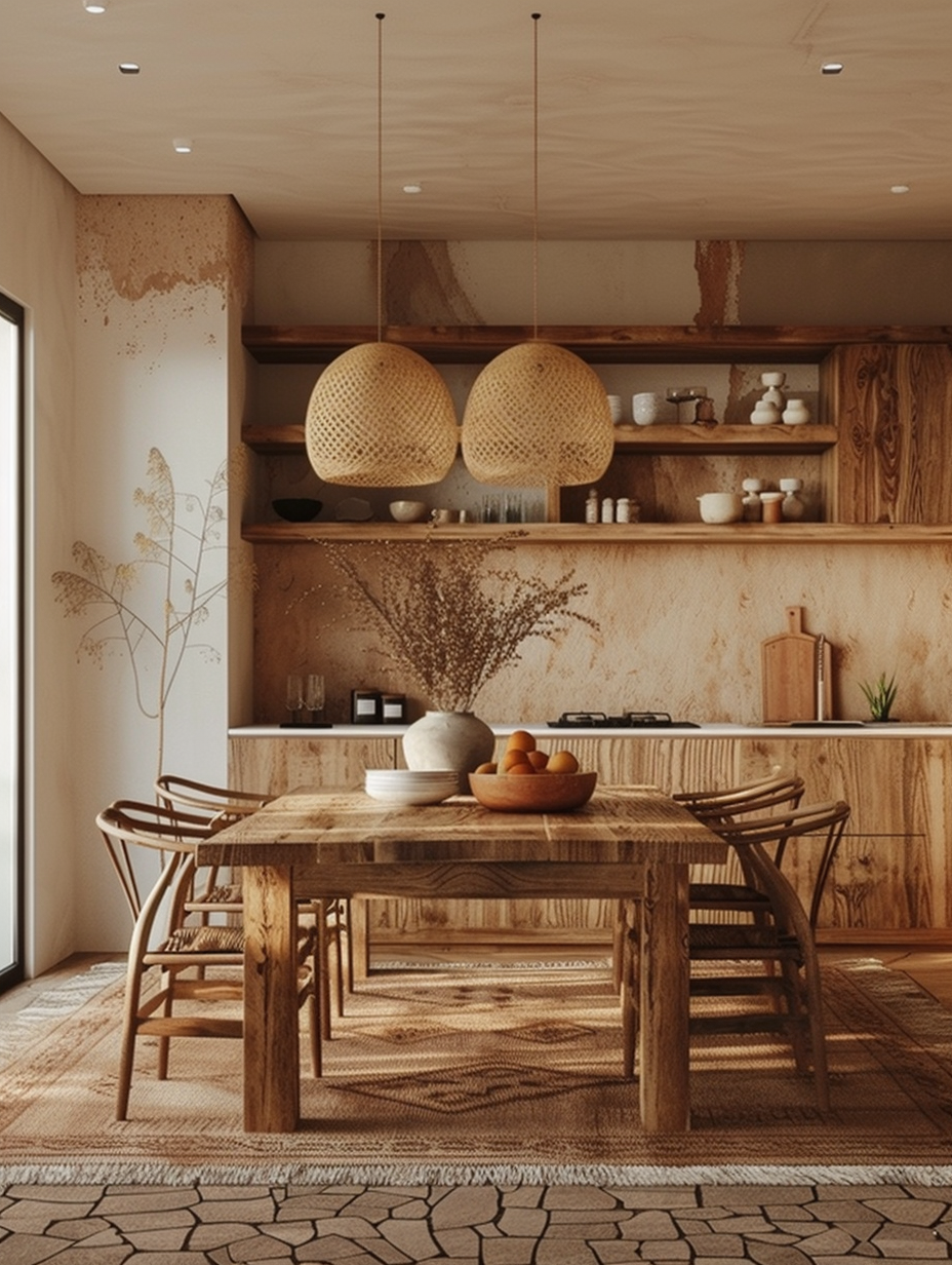 Modern boho dining room accents with brass or copper for a touch of elegance