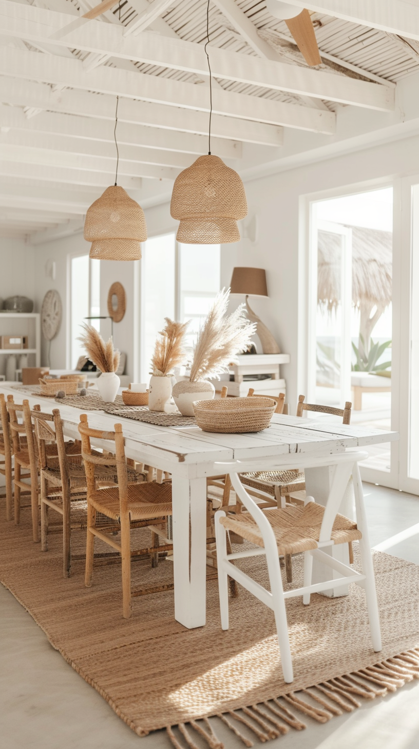 Modern boho dining room elegance featuring warm, earthy tones and vibrant hues