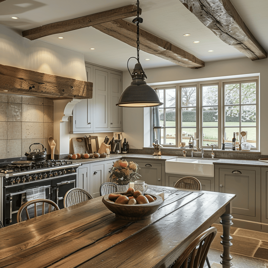Modern conveniences and personal touches blend seamlessly in this welcoming English countryside kitchen, creating the true heart of the home