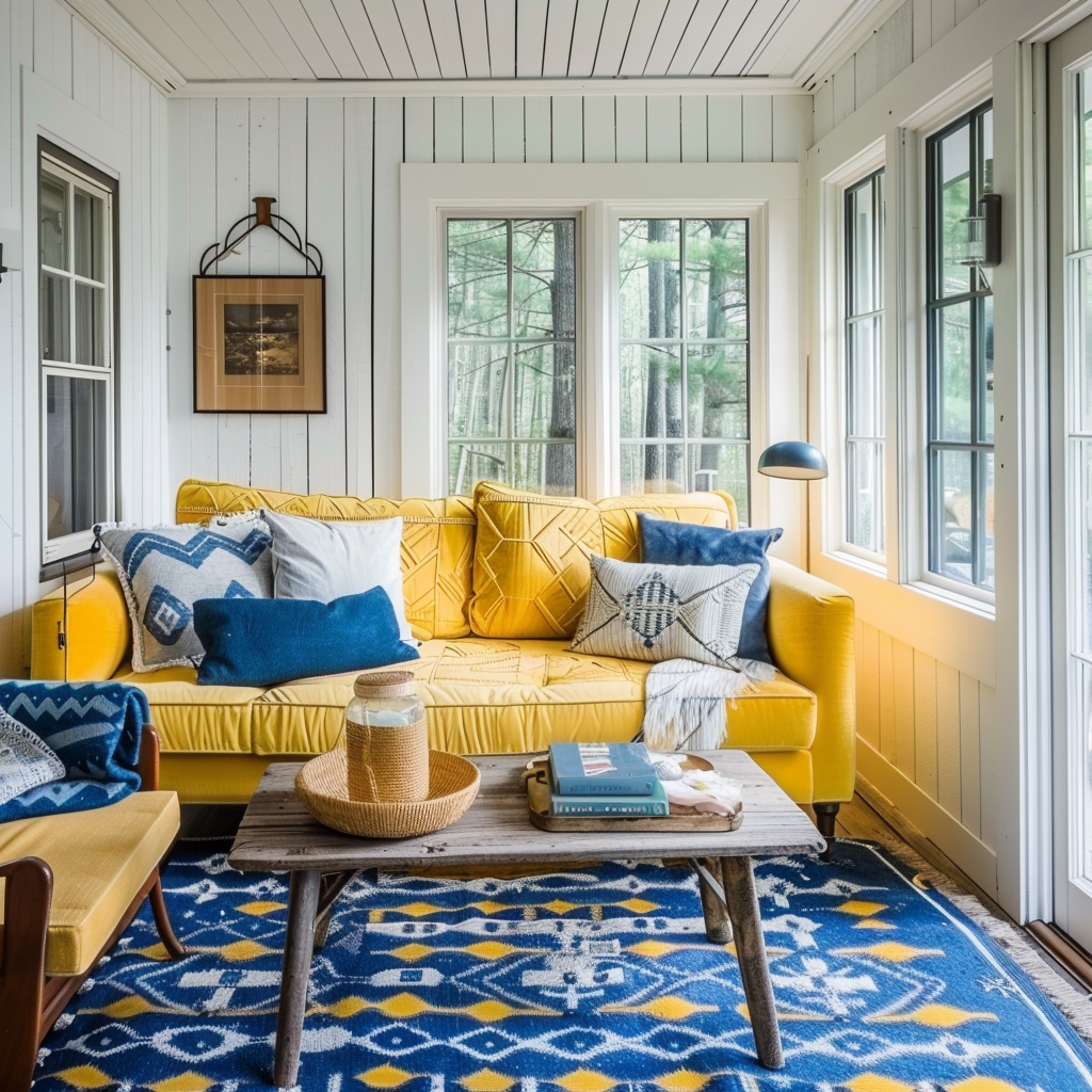 Modern cottage interior, adding accent colors that pop, like vibrant yellow cushions or a bold blue rug, against a neutral backdrop4
