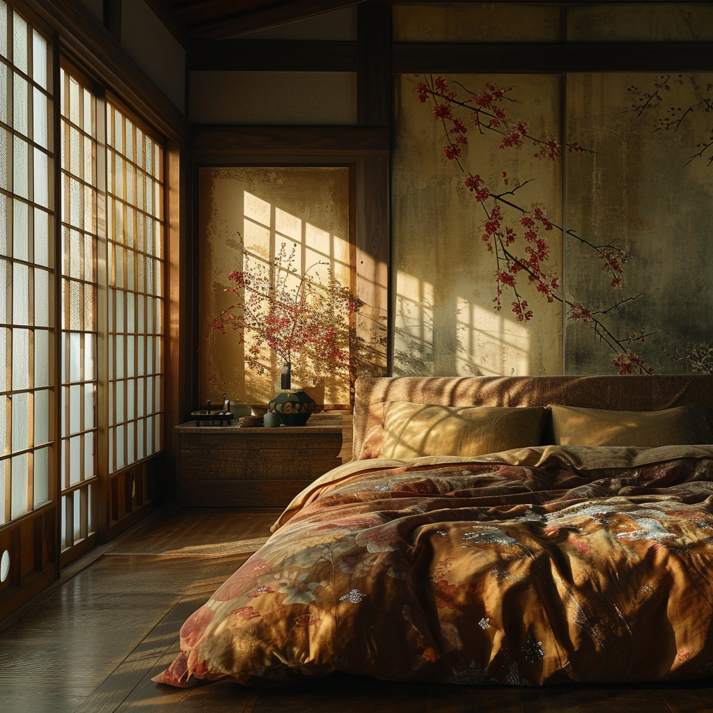 Modern elegance in a Japanese bedroom with minimalist furnishings.