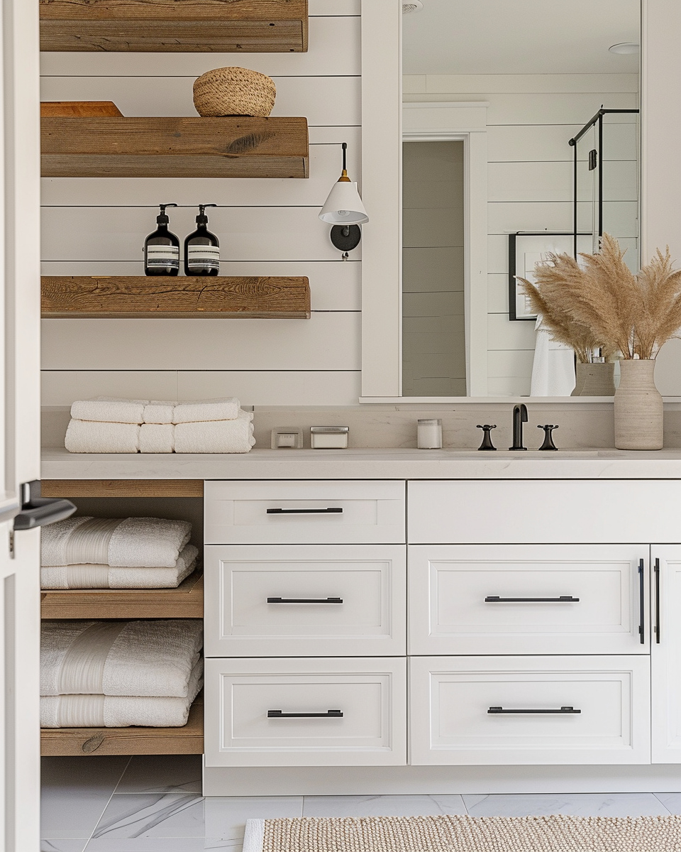 Modern farmhouse bathroom combining a frameless glass shower with rustic decor