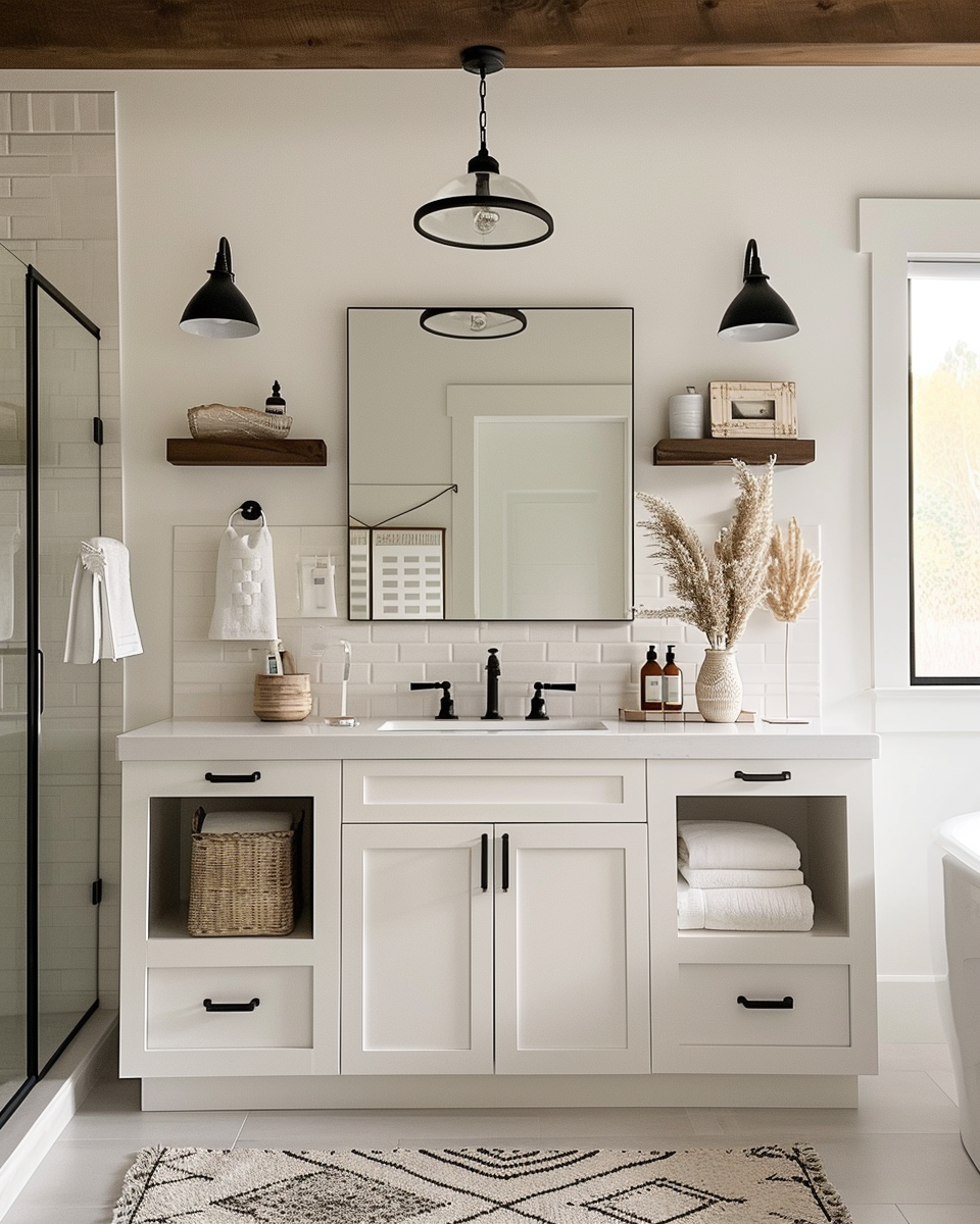 Modern farmhouse bathroom decorated with textured linens for a handcrafted look