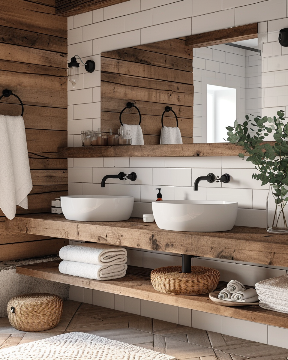 Modern farmhouse bathroom featuring a stylish soap dispenser that complements the decor