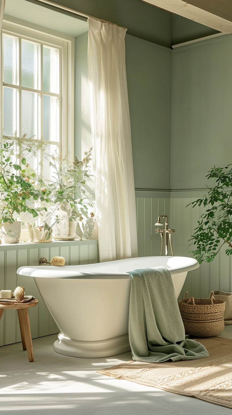 Modern farmhouse bathroom illuminated by stylish pendant lighting over a wooden vanity