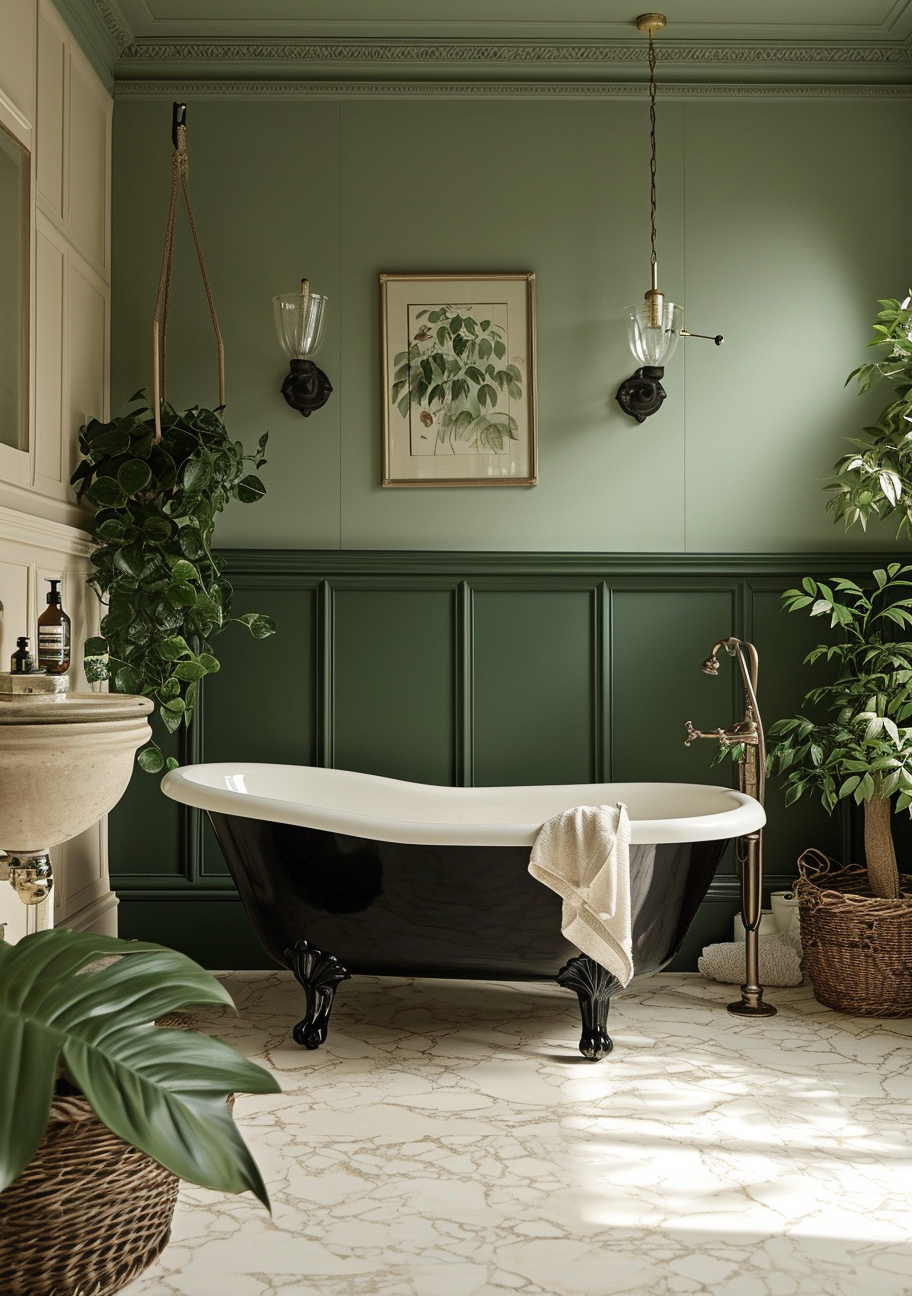 Modern farmhouse bathroom including a freestanding cabinet for additional storage