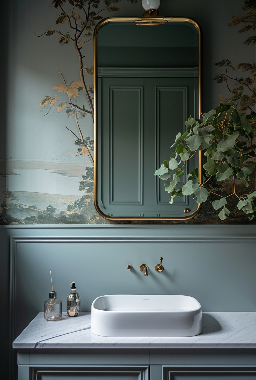 Modern farmhouse bathroom lit by wall sconces with Edison bulbs for a vintage feel