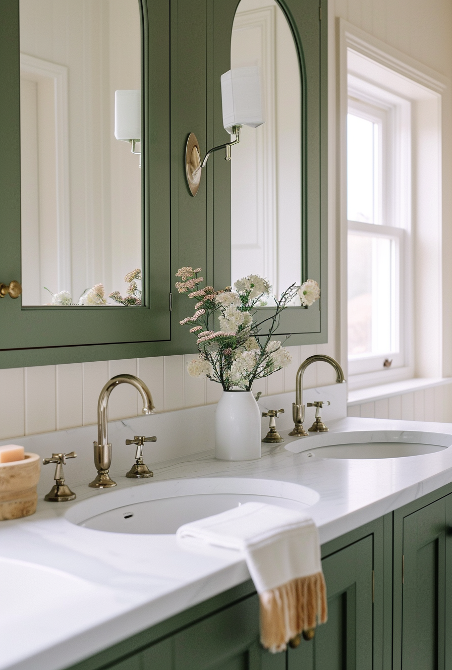 Modern farmhouse bathroom using ceramic or porcelain knobs on cabinetry for a vintage look