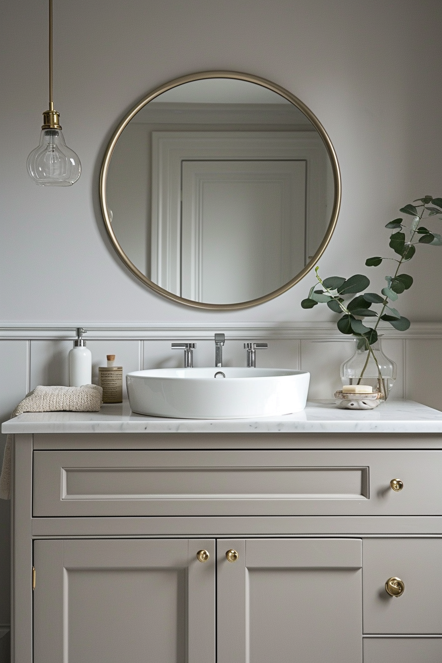 Modern farmhouse bathroom with a large framed mirror above a wooden vanity