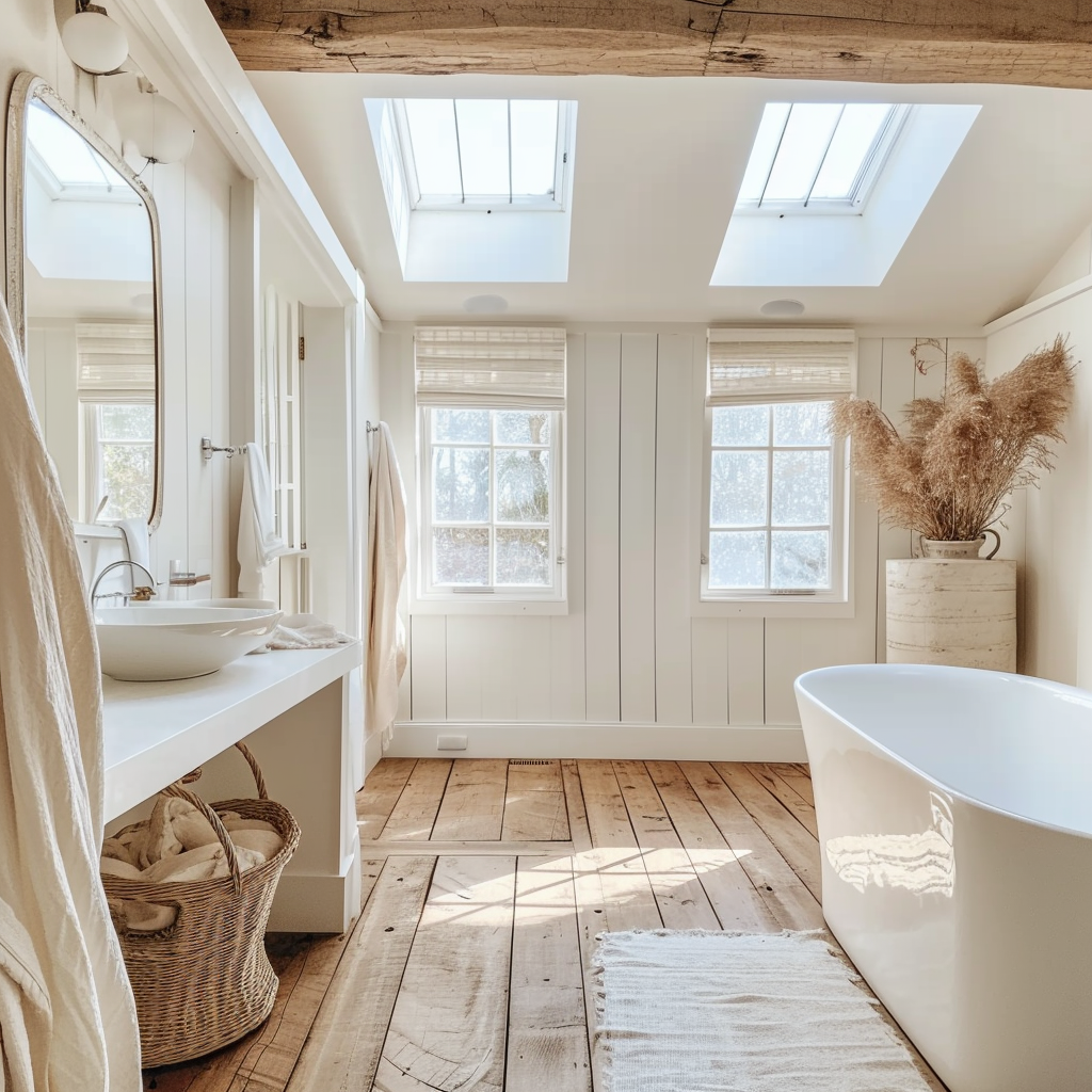 Modern farmhouse bathroom with cast iron hooks for hanging towels and robes
