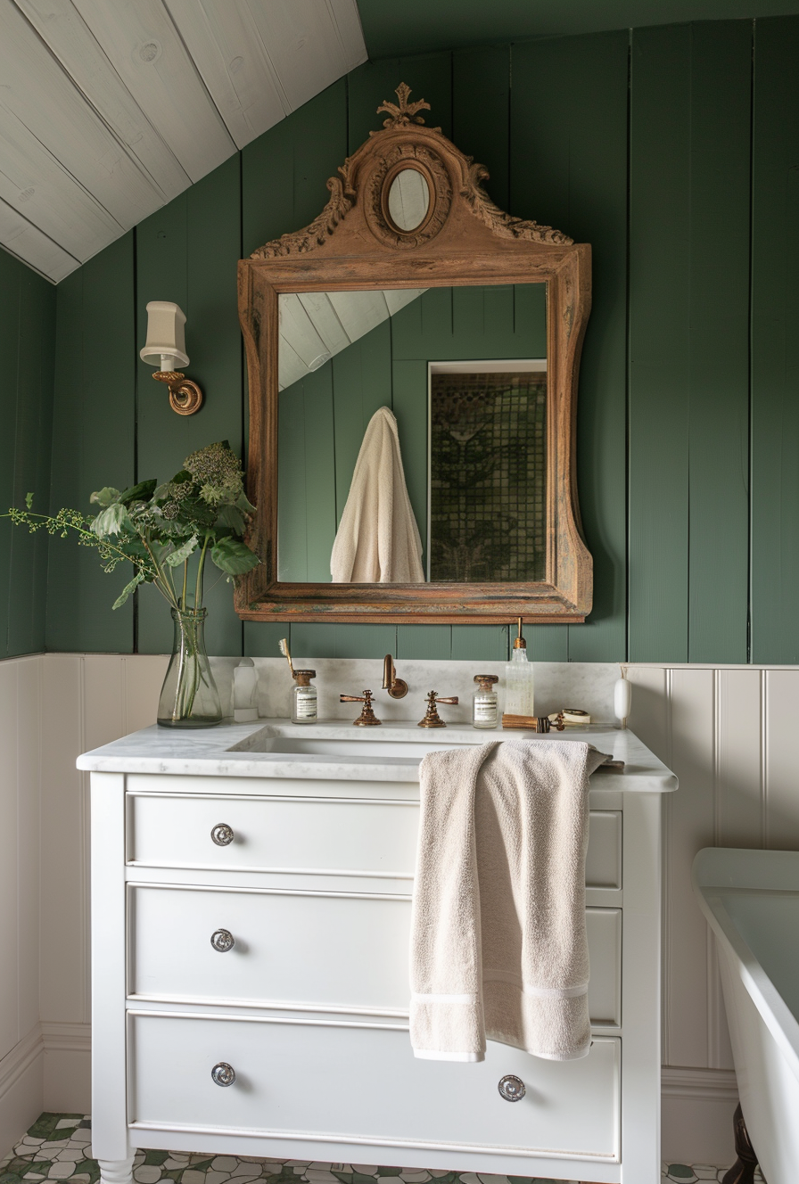 Modern farmhouse bathroom with characterful patterned floor tiles for added style