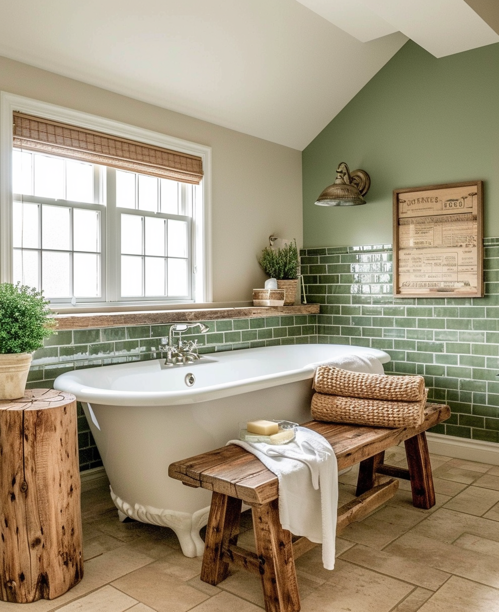 Modern farmhouse bathroom with open shelving, displaying cozy towels and decor