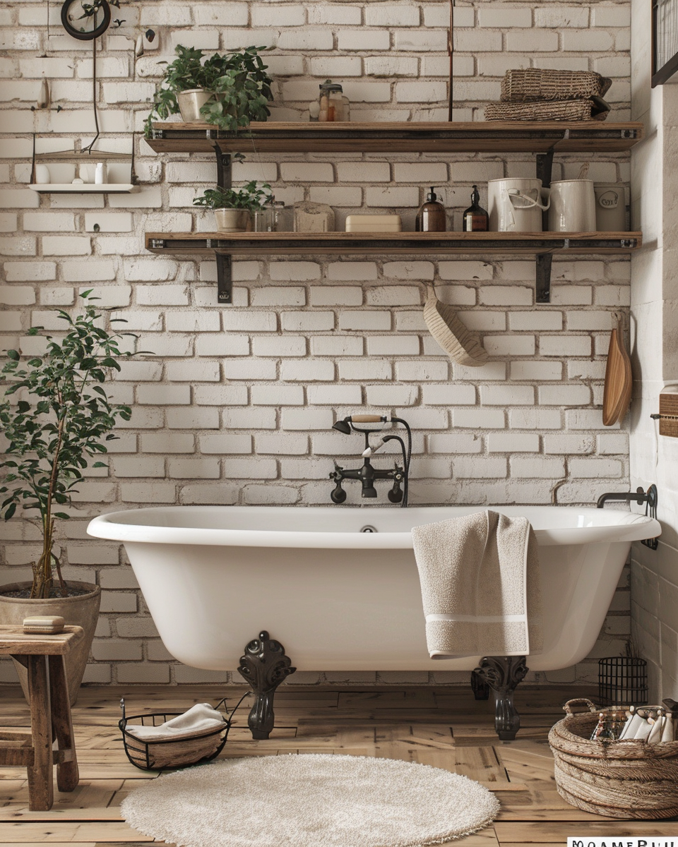 Modern farmhouse bathroom with wooden stools or benches for a practical touch