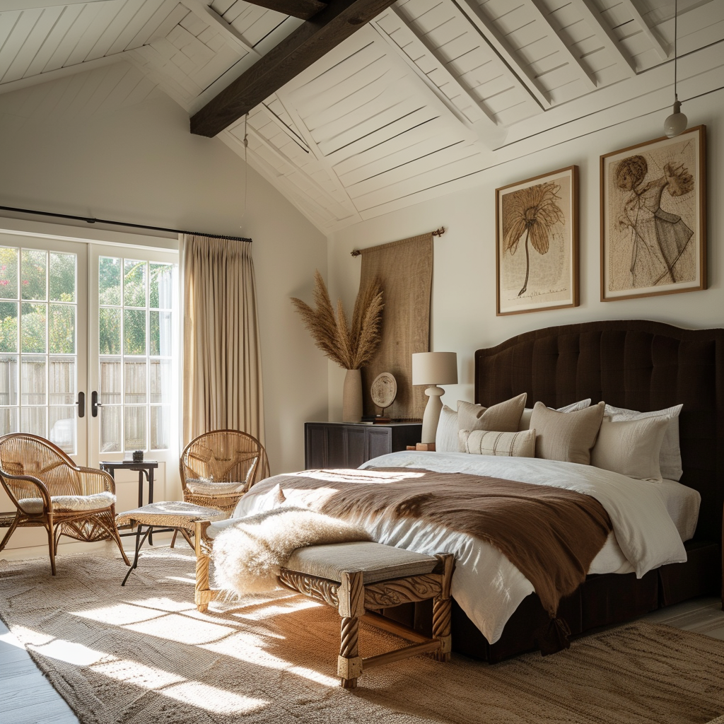 Modern farmhouse bedroom with geometric patterns and a contemporary feel