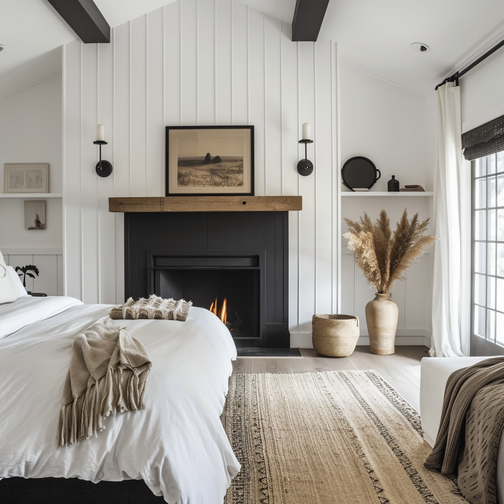 Modern farmhouse bedroom with sleek furniture and a subtle color scheme