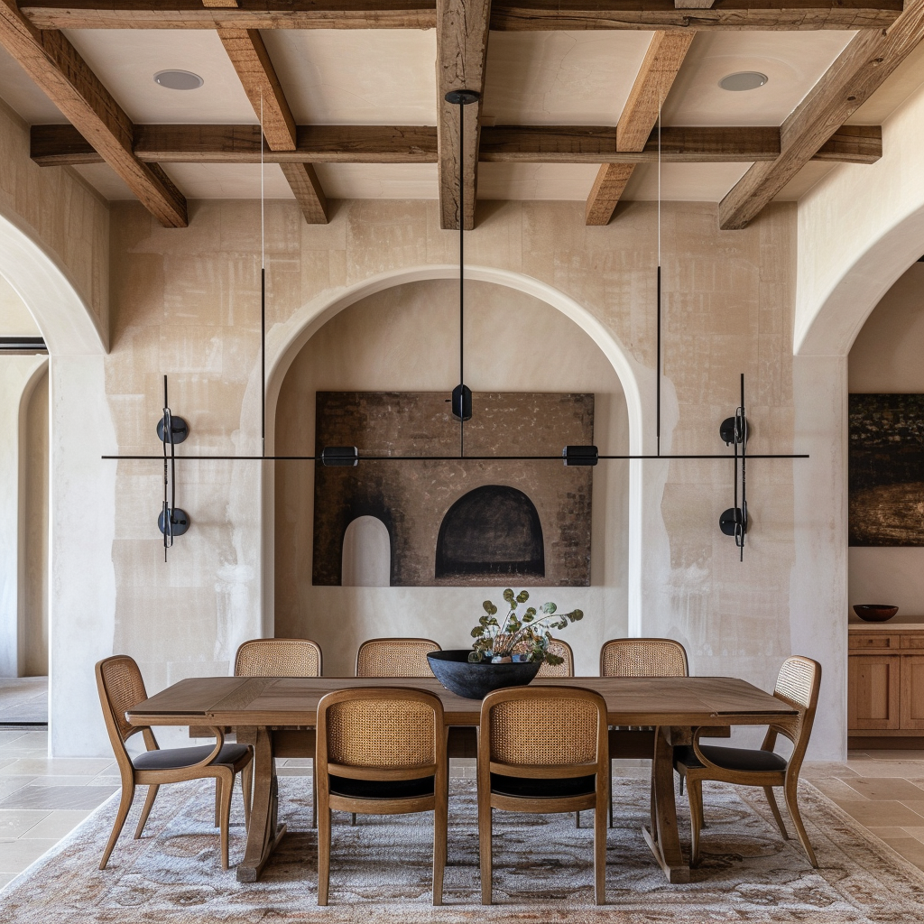 Modern farmhouse dining room with galvanized steel accessories and open shelving