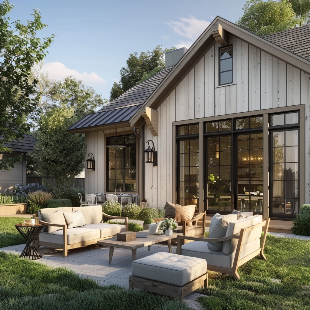 Modern farmhouse entryway, showcasing how the interior color scheme is echoed in the home’s exterior choices