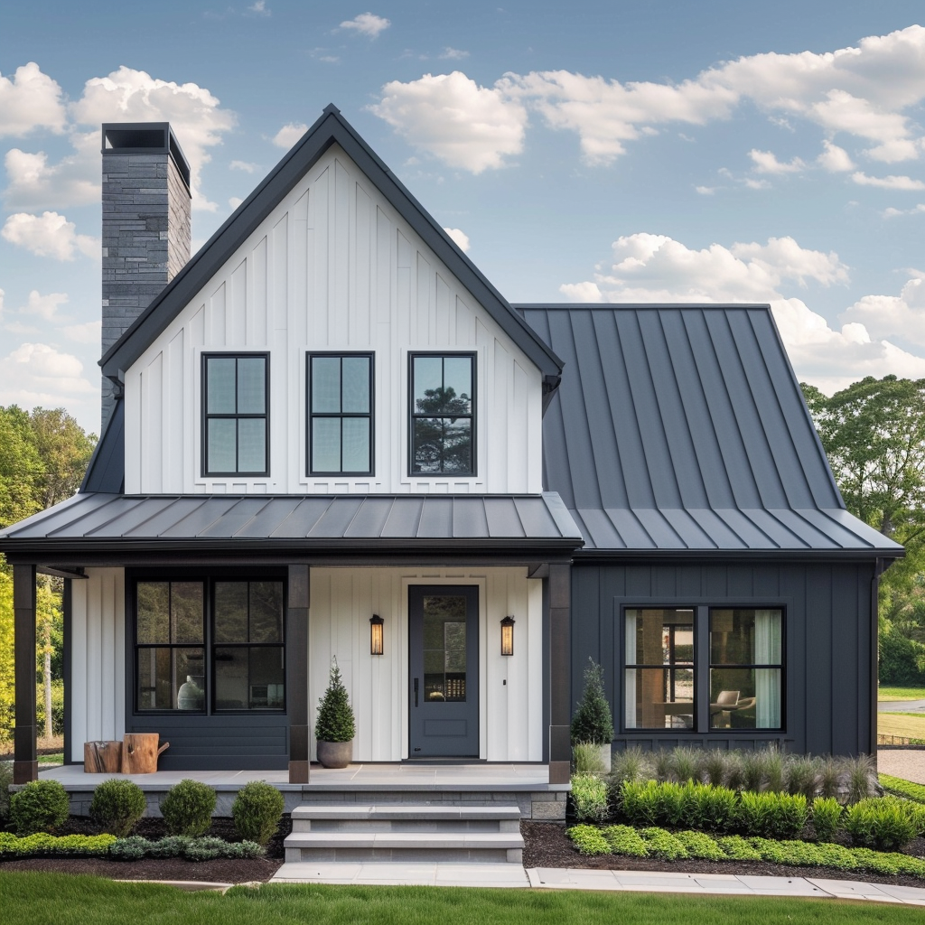 Modern farmhouse exterior beautifully combining natural stone, wood, and neutral paint colors